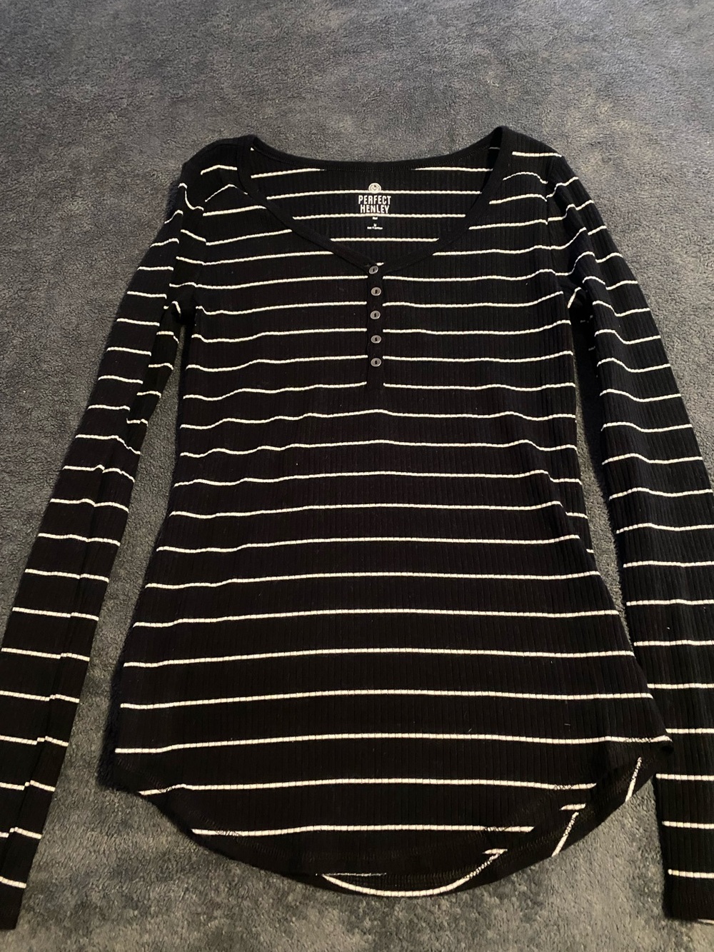 SO Black and White Striped Henley Long Sleeve Top